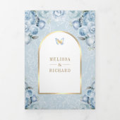 ソフトブルーフローラ金ゴールドアーチバタフライ結婚ズ 三つ折り招待状 (カバー)