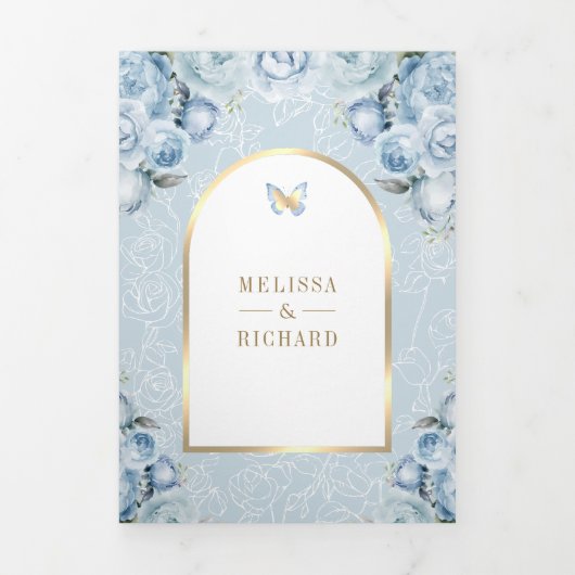 ソフトブルーフローラ金ゴールドアーチバタフライ結婚ズ 三つ折り招待状 (カバー)
