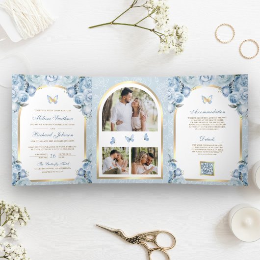 ソフトブルーフローラ金ゴールドアーチバタフライ結婚ズ 三つ折り招待状