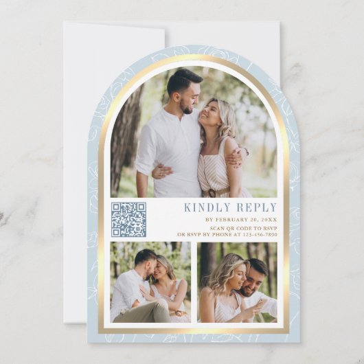 ソフトブルーフローラ金ゴールドアーチバタフライ結婚ズ 招待状 (裏面)