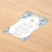 ソフトブルーフローラ金ゴールドアーチムスリム結婚ズ アクリル招待状 (レイダウン)