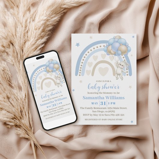 ソフトブルーベージュバニーバルーンレインボーベビーシャワー 招待状