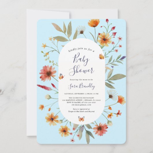 ソフトブルーボホ水彩野草赤ちゃんシャワー 招待状 (正面)