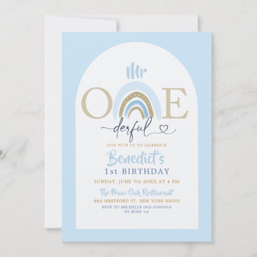 ソフトブルーミニマリストのオネダーフルボーイ氏誕生日 招待状 (正面)
