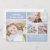 ソフトブルーモダンフォトコラージュ男の赤ちゃん誕生 案内状 (正面)