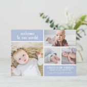 ソフトブルーモダンフォトコラージュ男の赤ちゃん誕生 案内状 (スタンド正面)