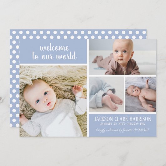 ソフトブルーモダンフォトコラージュ男の赤ちゃん誕生 案内状 (正面/裏面)
