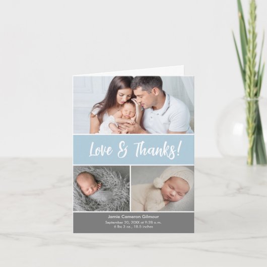 ソフトブルーラブ&フォトコラージュ感謝していベビーシャワー サンキューカード (正面)