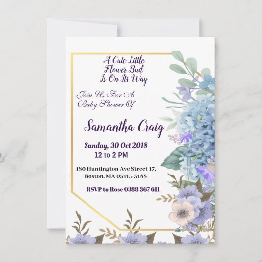 ソフトブルーリトルフラワーバドアジサイ赤ちゃんシャワー 招待状 (正面)