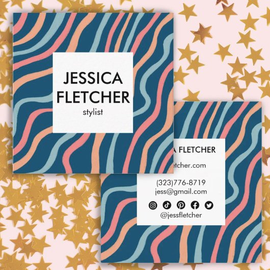 ソフトブルー曲線ミニマルカラフルリストソーシャルアイコン スクエア名刺