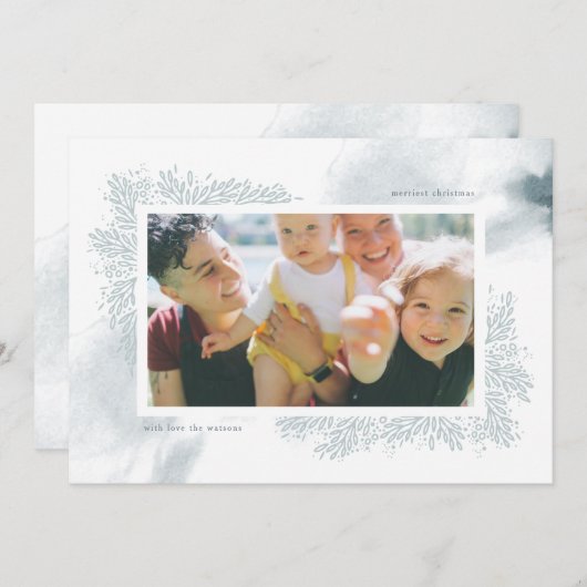 ソフトブルー水彩花クリスマスフォトカード シーズンカード (正面/裏面)