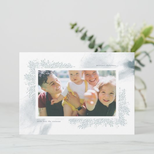 ソフトブルー水彩花クリスマスフォトカード シーズンカード (スタンド正面)
