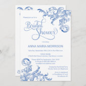 ソフトブルー王室のウォーターカラーフローリッシュブライダルシャワー 招待状 (正面/裏面)