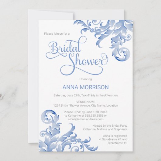 ソフトブルー王室のウォーターカラーフローリッシュブライダルシャワー 招待状 (正面)