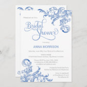 ソフトブルー王室のウォーターカラーフローリッシュブライダルシャワー 招待状 (正面/裏面)