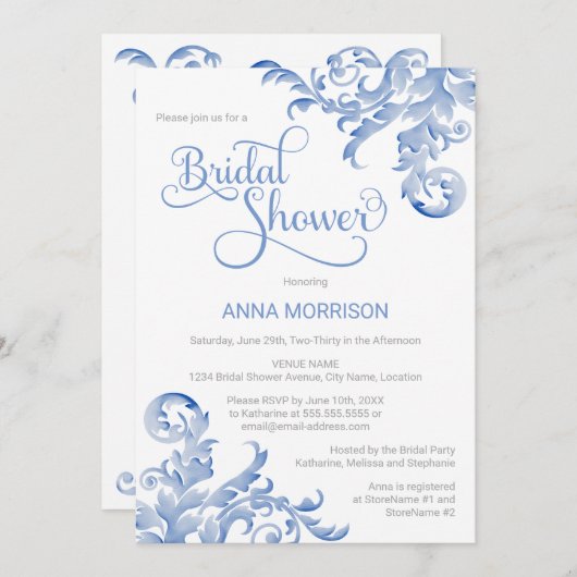 ソフトブルー王室のウォーターカラーフローリッシュブライダルシャワー 招待状 (正面/裏面)