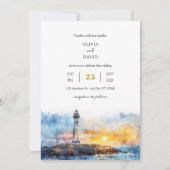 ソフトブルー航海のサンセットライトハウスビーチ結婚式 招待状 (正面)