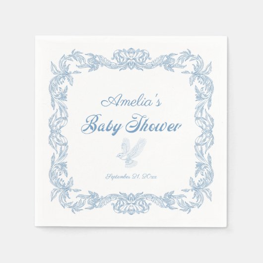 ソフトブルー華美クラシックベイビーシャワー スタンダードカクテルナプキン (正面)