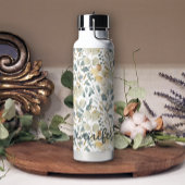 ソフトブルー金ゴールドかわいらしリーフフローラの名前の追加 ウォーターボトル