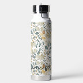 ソフトブルー金ゴールドかわいらしリーフフローラの名前の追加 ウォーターボトル (左面)