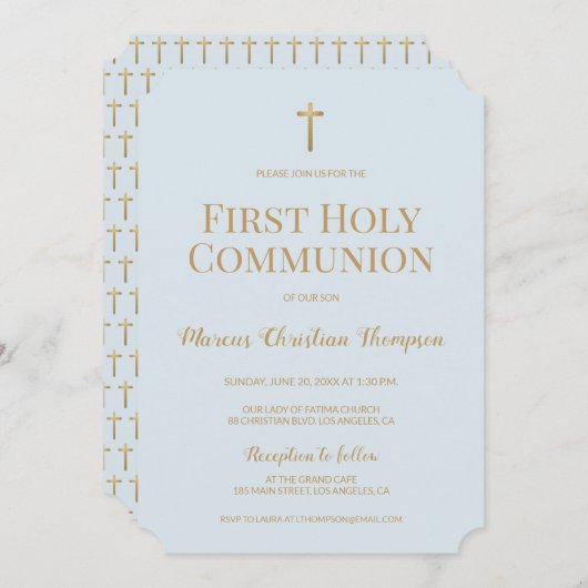 ソフトブルー金ゴールドクロスボーイファースト聖餐式 招待状 (正面/裏面)