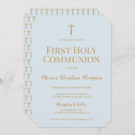 ソフトブルー金ゴールドクロスボーイファースト聖餐式 招待状