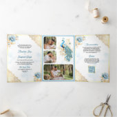 ソフトブルー金ゴールドレースフローラインディアンピーコッ結婚クス 三つ折り招待状 (内部)