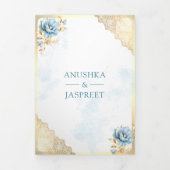 ソフトブルー金ゴールドレースフローラインディアンピーコッ結婚クス 三つ折り招待状 (カバー)