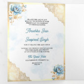 ソフトブルー金ゴールドレースフローラインディアンピーコッ結婚クス 三つ折り招待状 (内部最初)