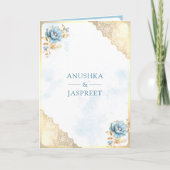 ソフトブルー金ゴールドレースフローラインディアンピーコッ結婚クス 招待状 (正面)