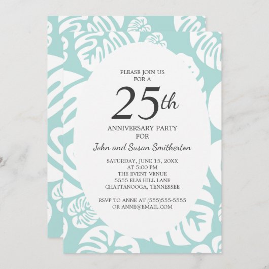 ソフトブルー ホワイト トロピカル リーフ 25周年 招待状 (正面/裏面)