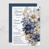 ソフトブルー、白い花と金ゴールドのエッチング 招待状 (正面/裏面)