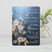 ソフトブルー、白い花と金ゴールド葉 招待状 (スタンド正面)