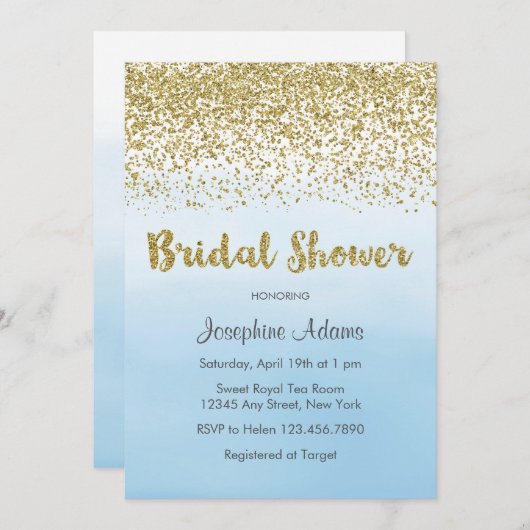 ソフトブルー&金ゴールドブライダルシャワーの招待 招待状 (正面/裏面)