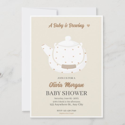 ソフトベビーシャワー茶パーティーティーポット招待カード 招待状 (正面)