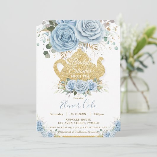 ソフトベビーブルーフローラブライダルシャワーハイティーパーティー 招待状 (スタンド正面)