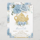 ソフトベビーブルーフローラベビーシャワーHigh Teaパーティー 招待状 (正面/裏面)