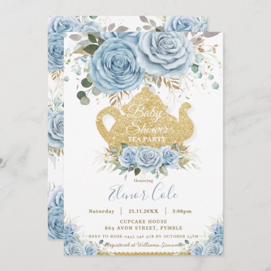 ソフトベビーブルーフローラベビーシャワーHigh Teaパーティー 招待状 (正面/裏面)
