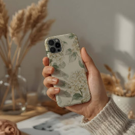 ソフトホワイトアジサイの花柄 iPhone 15 PROケース