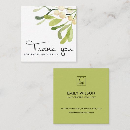 ソフトホワイトグリーンスノーベリークリスマス スクエア名刺 (正面/裏面)