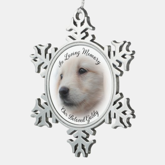 ソフトホワイト写真のヴィネットでペット記念碑 スノーフレークピューターオーナメント (右)