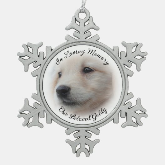 ソフトホワイト写真のヴィネットでペット記念碑 スノーフレークピューターオーナメント (正面)