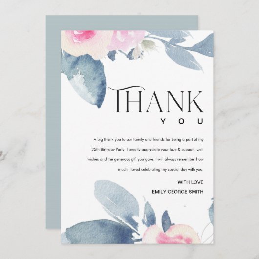 ソフトホワイト赤面ブルーフローラ25TH ANY AGE誕生日 サンキューカード (正面/裏面)