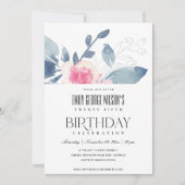 ソフトホワイト赤面ブルーフローラ25th ANY AGE誕生日 招待状 (正面)