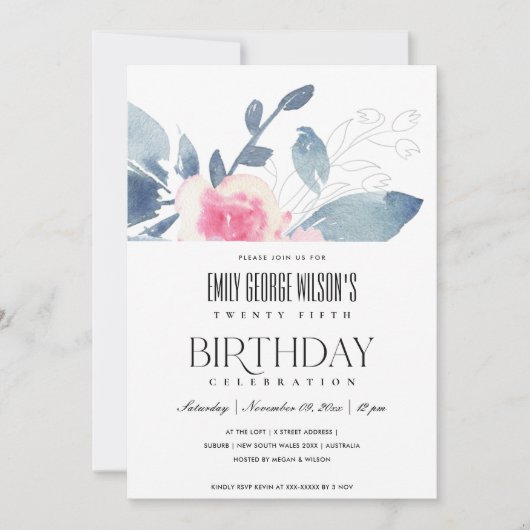 ソフトホワイト赤面ブルーフローラ25th ANY AGE誕生日 招待状 (正面)