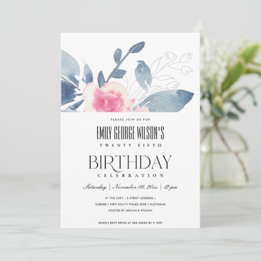 ソフトホワイト赤面ブルーフローラ25th ANY AGE誕生日 招待状 (スタンド正面)