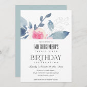 ソフトホワイト赤面ブルーフローラ25th ANY AGE誕生日 招待状 (正面/裏面)