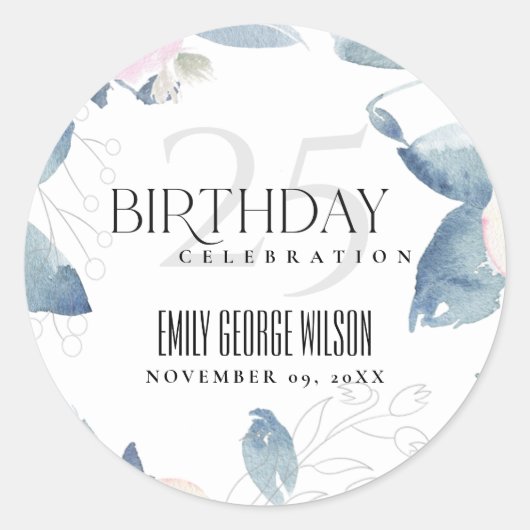 ソフトホワイト赤面ブルーフローラANY AGE 25誕生日 ラウンドシール (正面)