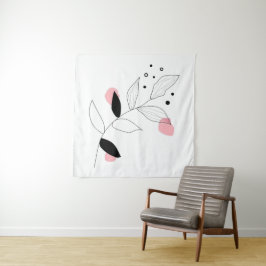 ソフトボタニカ – ミニマルなリーフラインアートとピンク タペストリー