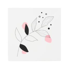 ソフトボタニカ – ミニマルなリーフラインアートとピンク メタルプリント